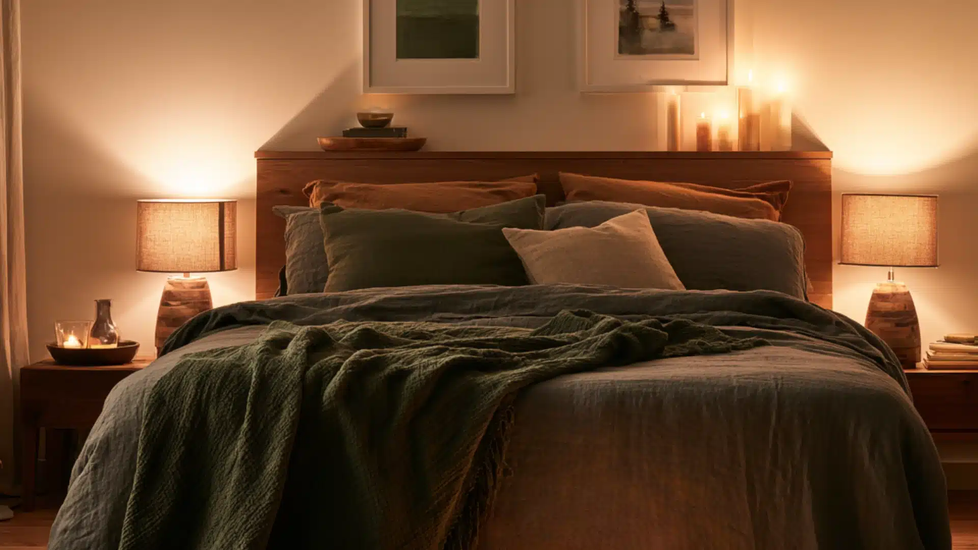 Moody <echighlighted><echighlighted>boho bedroom</echighlighted></echighlighted> with charcoal bedding, a forest green throw, warm bedside lamps, glowing candles, wooden furniture, and a cozy evening feel.