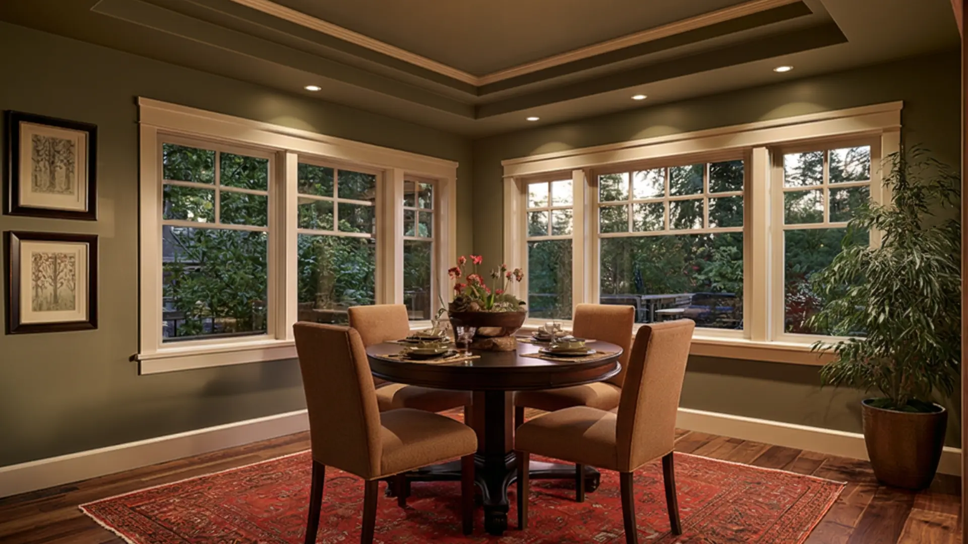 Dining room with a round set table and four upholstered chairs, large windows overlooking trees, framed artwork, and a potted plant.