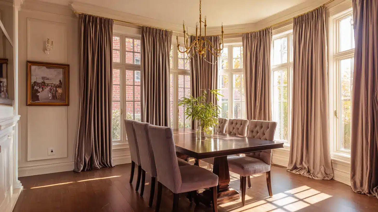 Dining room with floor to ceiling taupe drapes dark wood table upholstered chairs chandelier and large bay windows