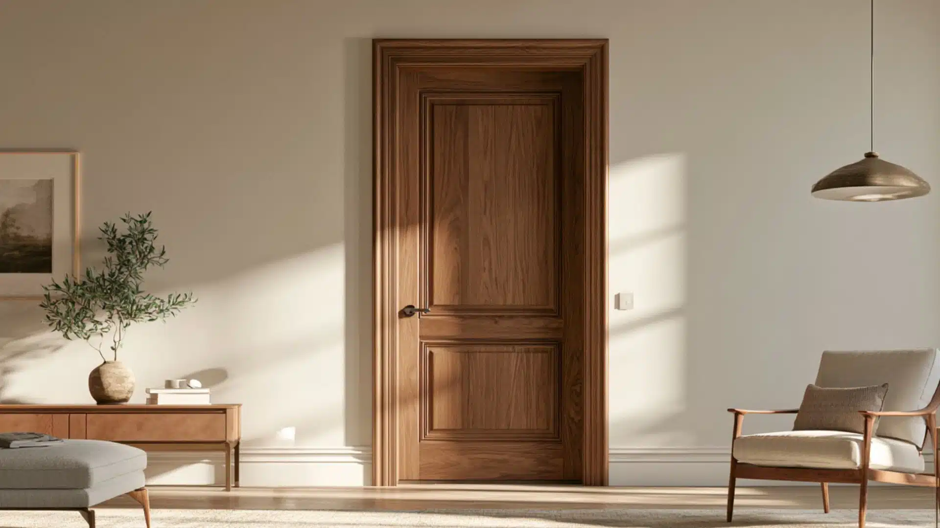 A cozy living room featuring a wooden door and a single chair creating a warm and inviting atmosphere