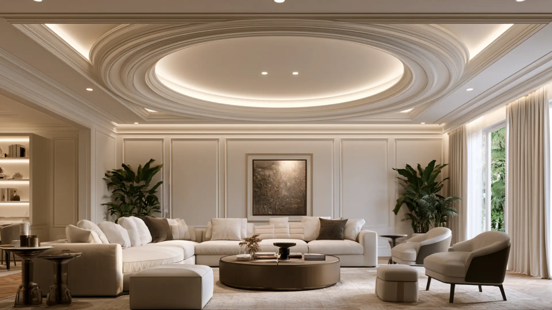 Elegant living room with cream sofas, armchairs, plants, framed artwork, a round coffee table, and an ornate recessed ceiling.