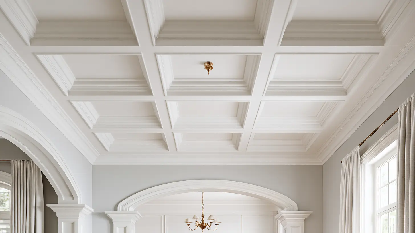 Elegant white room with a coffered ceiling, arched architectural details, tall curtained windows, and a chandelier.