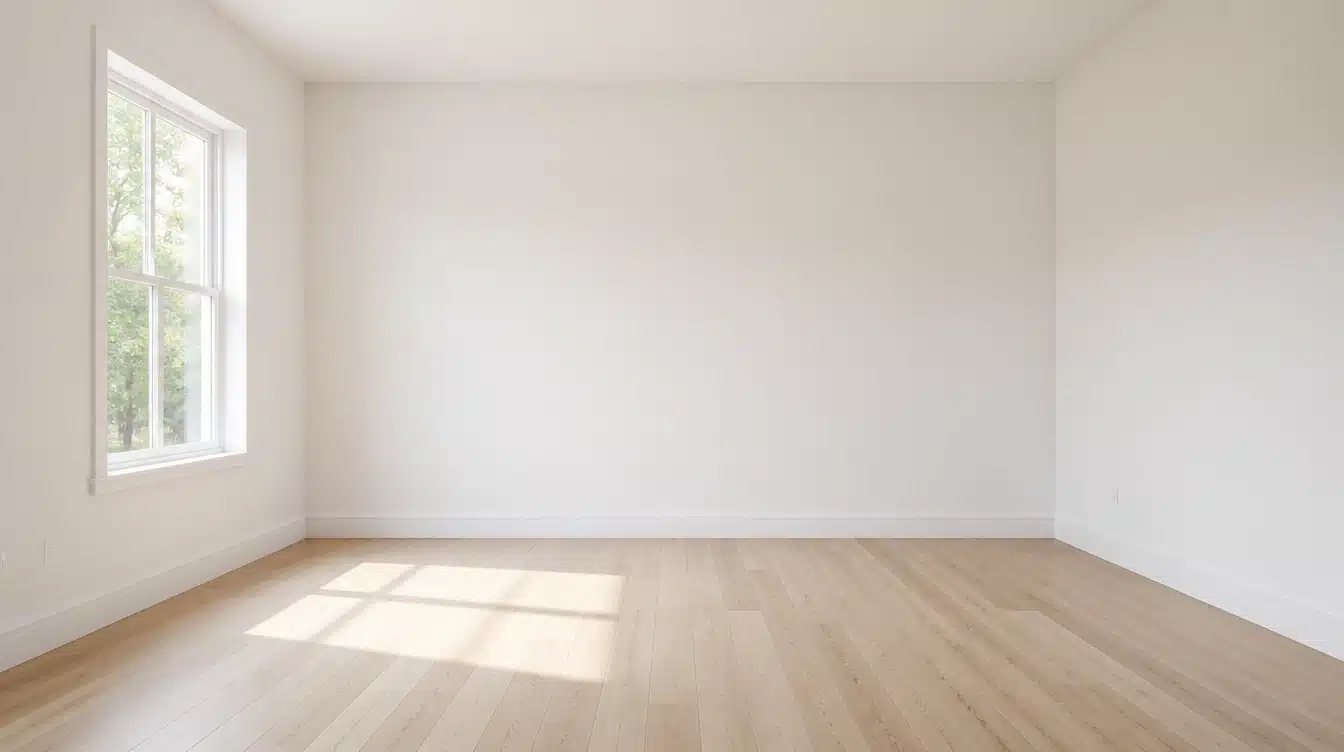 Empty bright room with white walls, light wood flooring, and natural window light ready for an art studio setup.