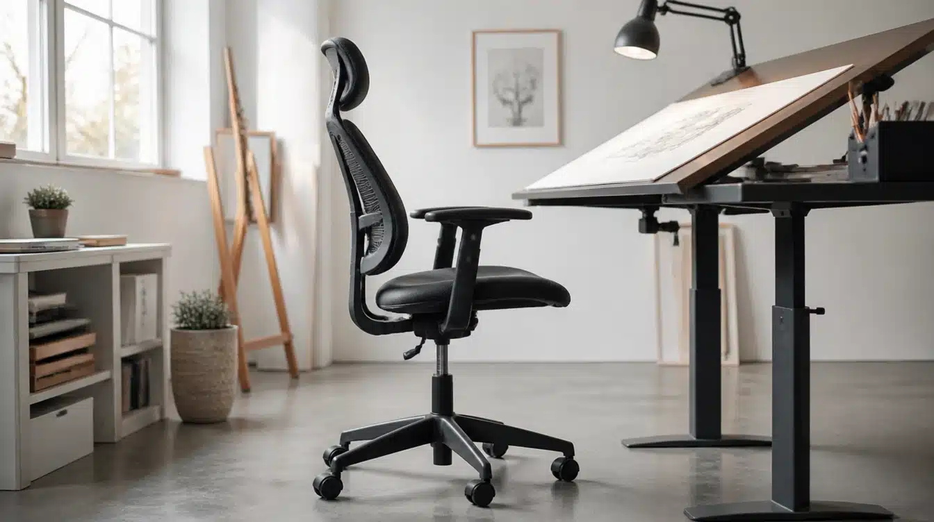 Ergonomic black studio chair positioned beside an adjustable drafting table in a bright art workspace with natural light.