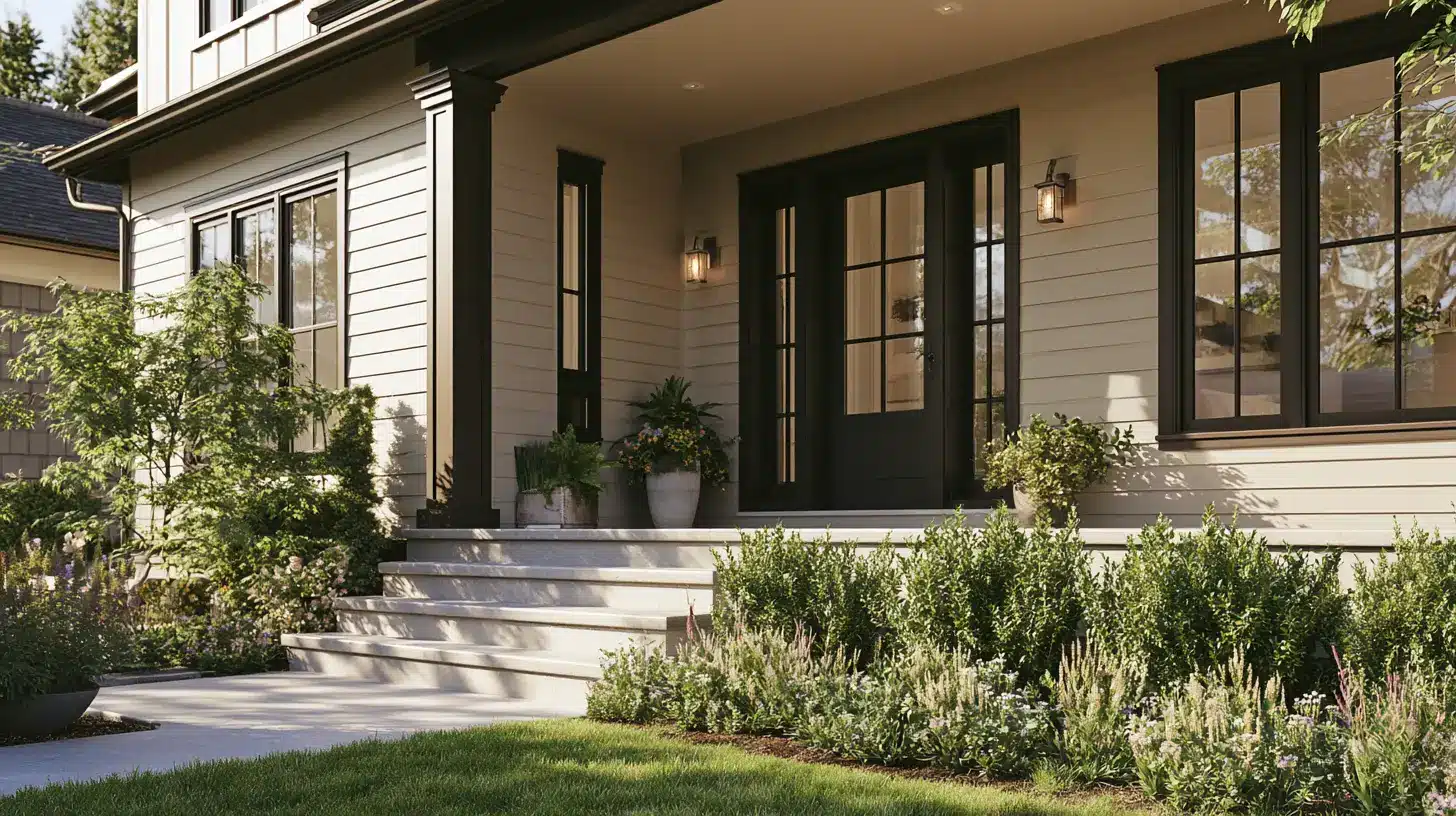 Modern home exterior with satin siding, dark semi-gloss trim and doors, and a low-sheen porch ceiling surrounded by a landscaped front yard.