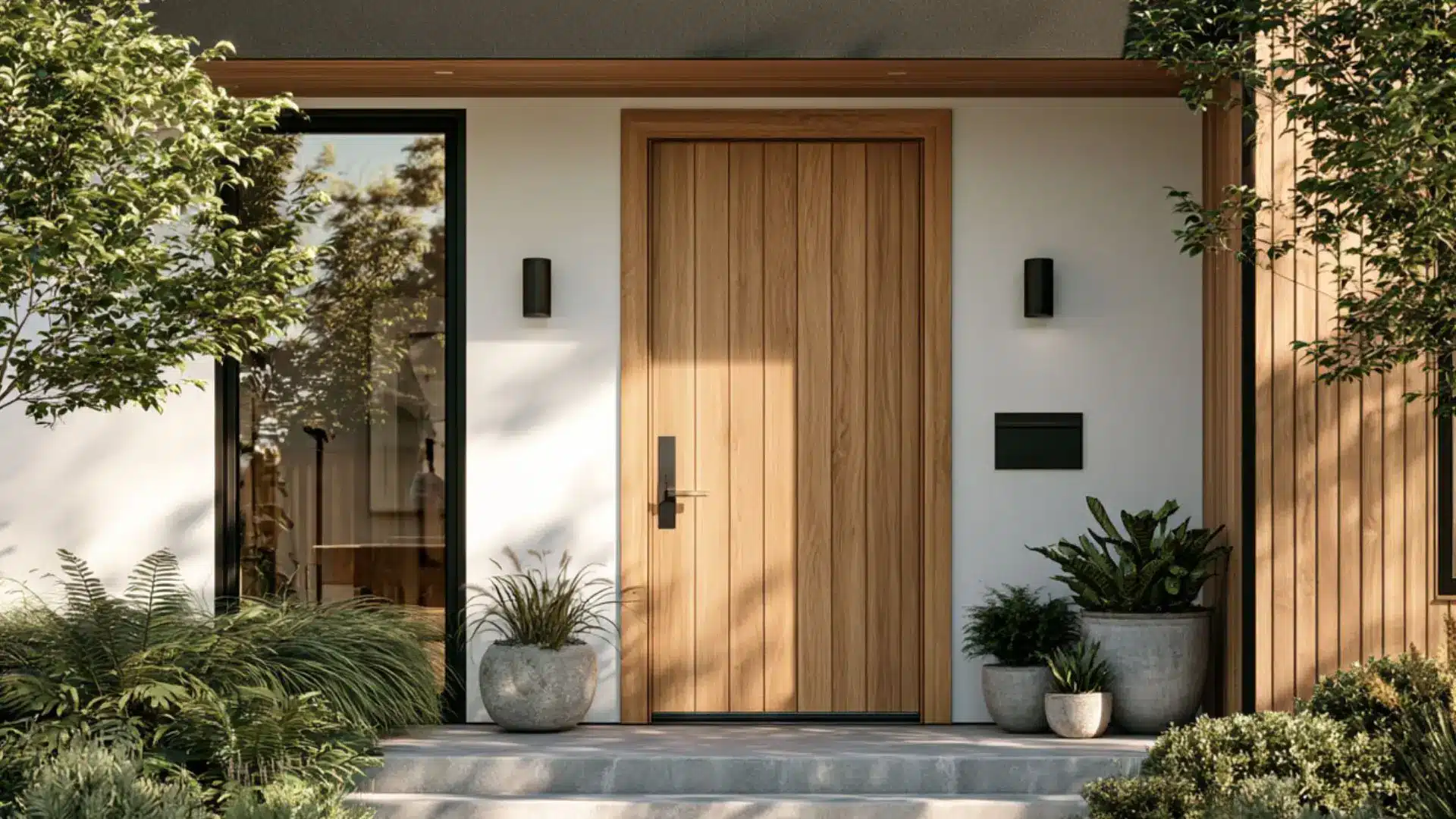 Exterior view of a contemporary house with a wooden door and lush plants adorning the entrance.