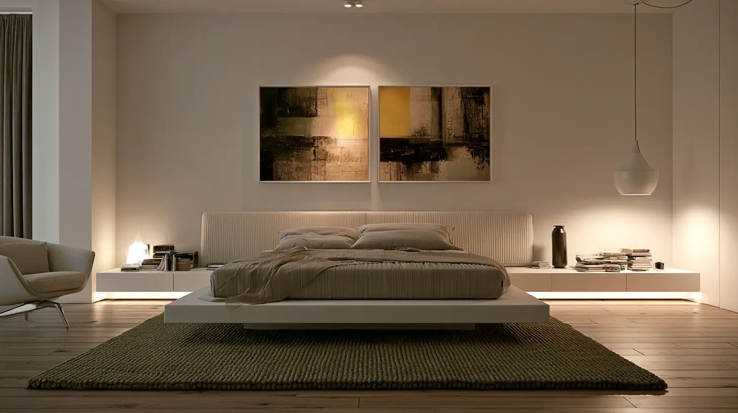 A floating bed room layout, with a floating bed and paintings