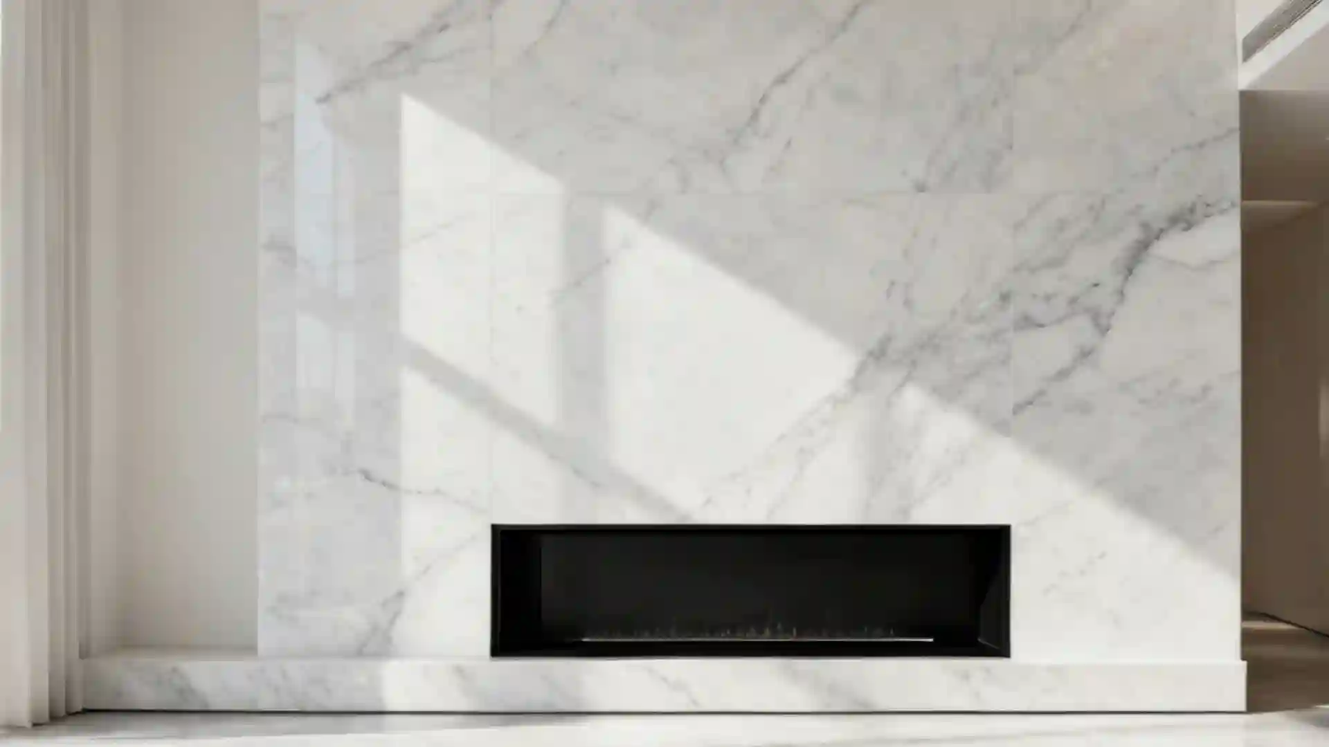 A modern fireplace with a black insert is set into a white marble wall with dramatic shadows.