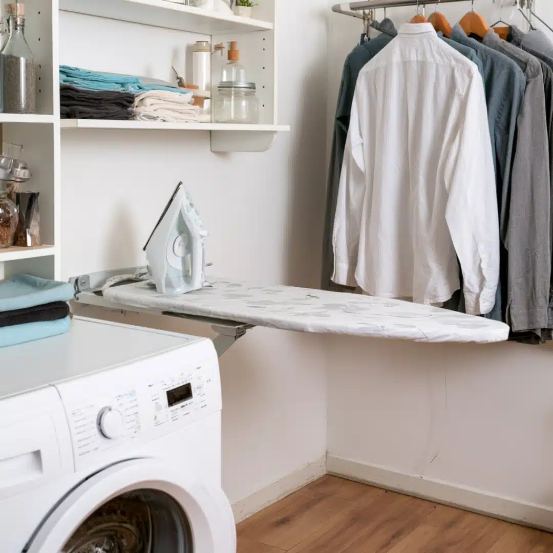 Fold away ironing board beside a washer, open shelves, and hanging clothes.