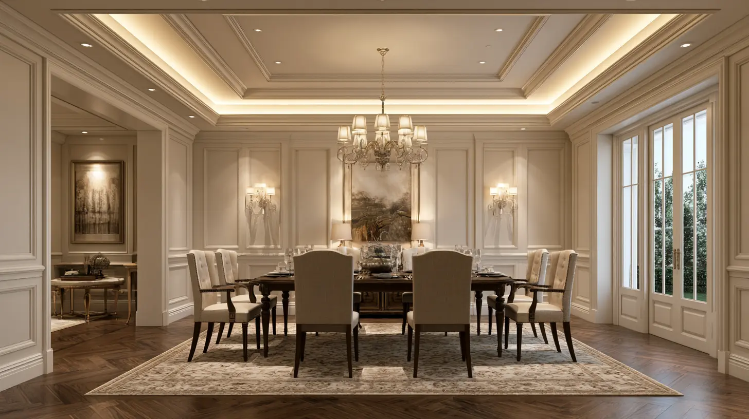 Formal dining room with a long set table, eight upholstered chairs, chandelier, wall sconces, artwork, paneled walls, and tall garden-facing windows.