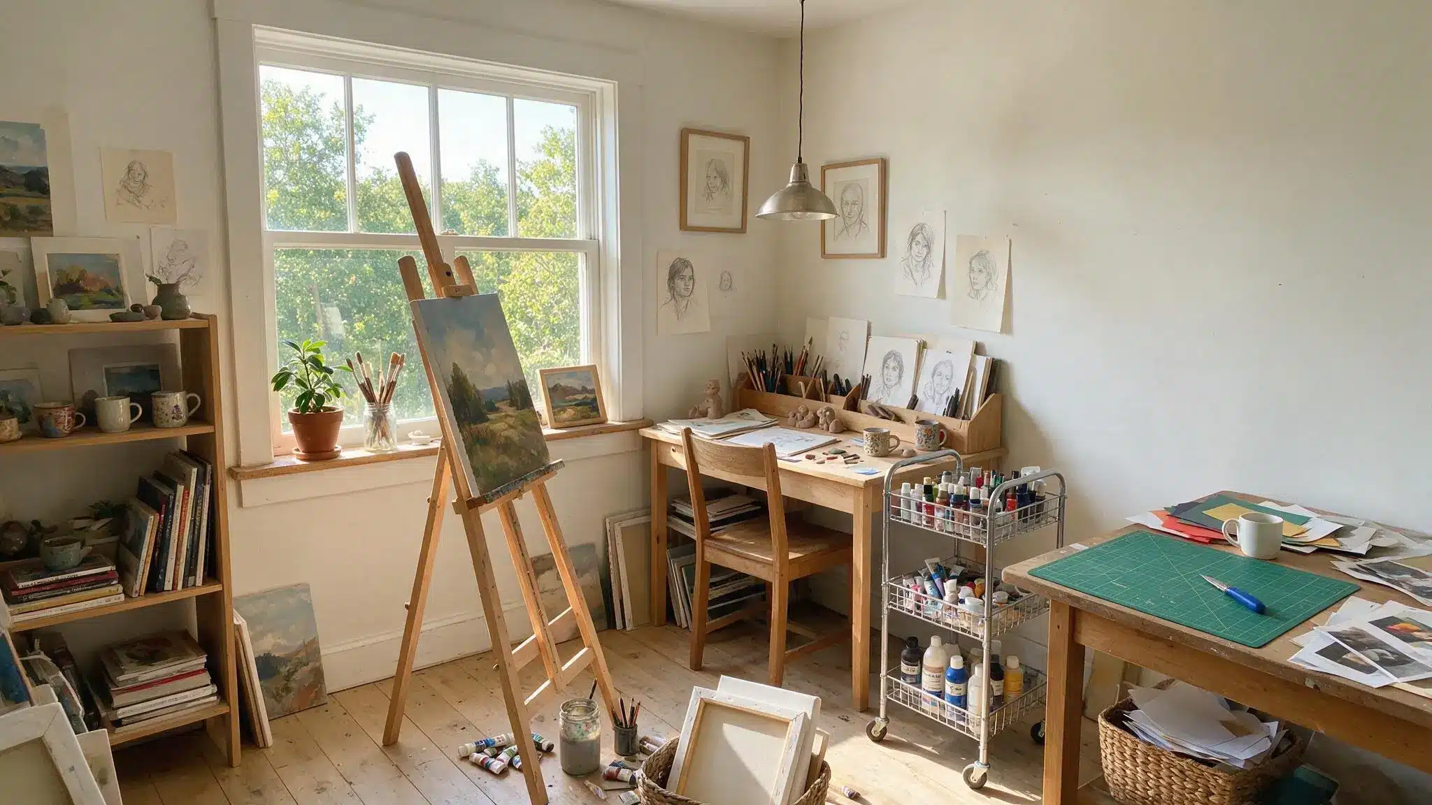 Functional art studio with easel, worktables, rolling cart, storage shelves, and creative zones arranged near natural light.