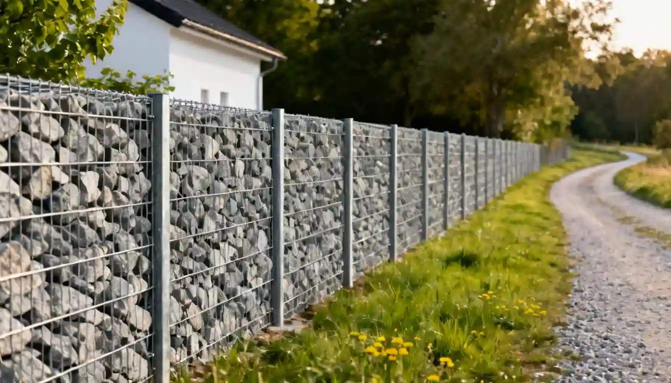 Gabion fence along a gravel road bordered by grass and yellow wildflowers, with a white house in the background.