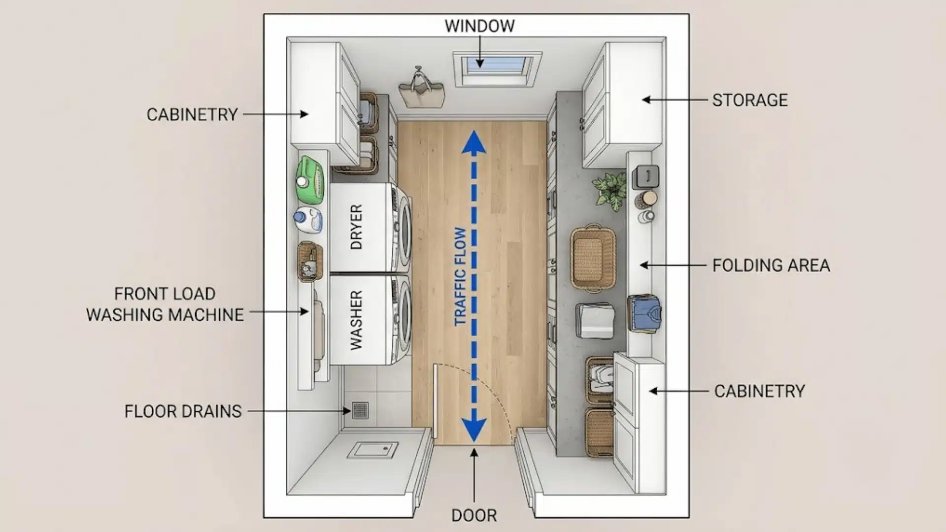 Top down galley laundry layout with appliances, cabinets, folding area, and clear path.