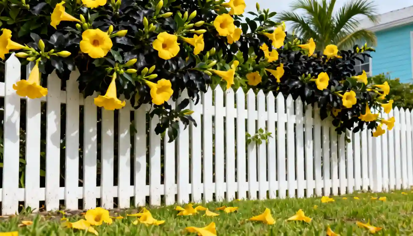 Yellow flowers bloom over a white picket fence with fallen petals scattered on the green grass.
