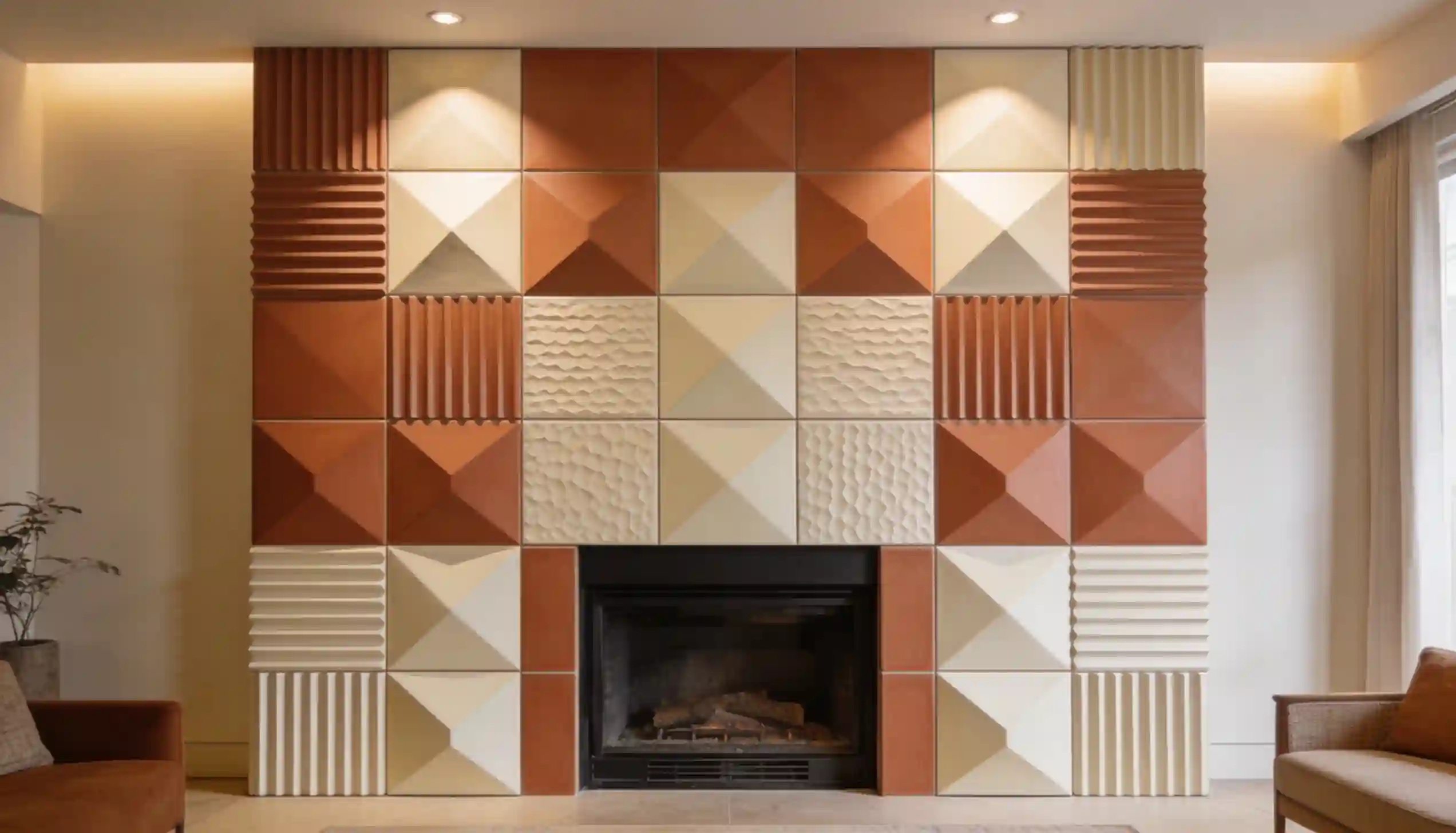 A modern fireplace with a geometric tiled surround in terracotta, cream, and white.