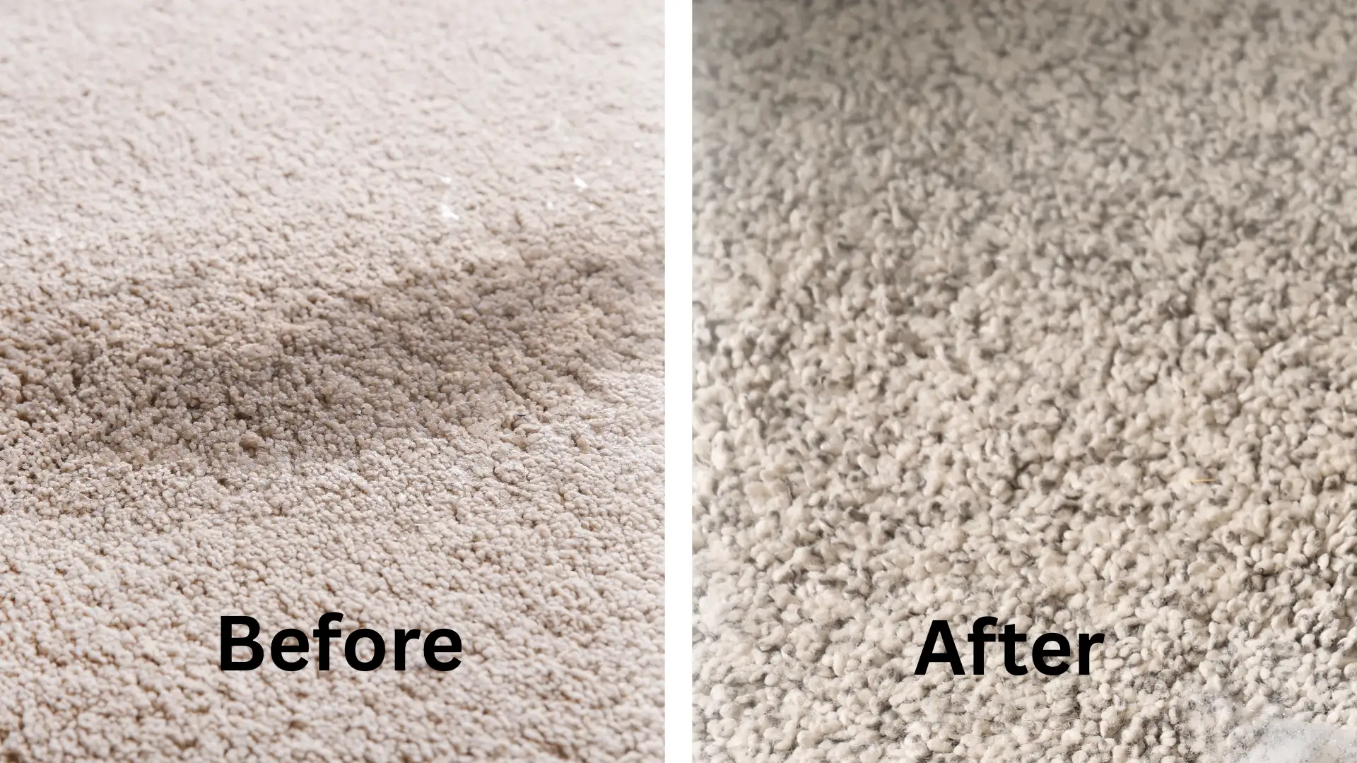 Before and after view of a light carpet showing coffee stain removal, with the cleaned area restored to a brighter, fresher look.