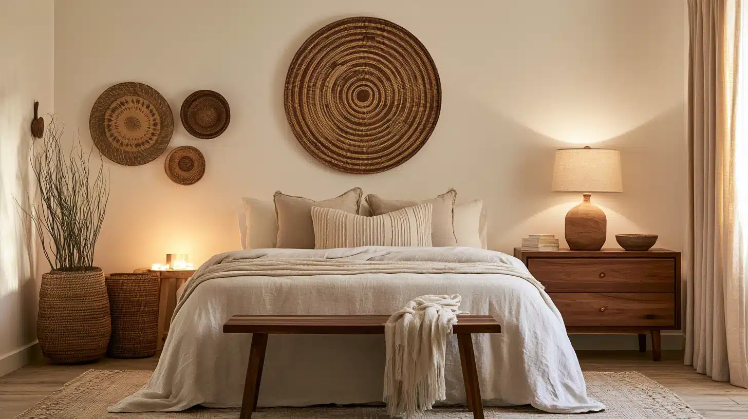Boho bedroom with woven basket wall art, cream bedding, wooden furniture, tall baskets, soft curtains, a warm lamp, and neutral earthy tones.