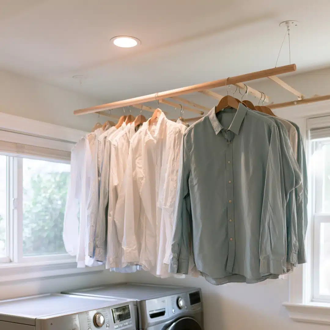 Ceiling mounted wooden drying rack with shirts hanging above laundry machines.