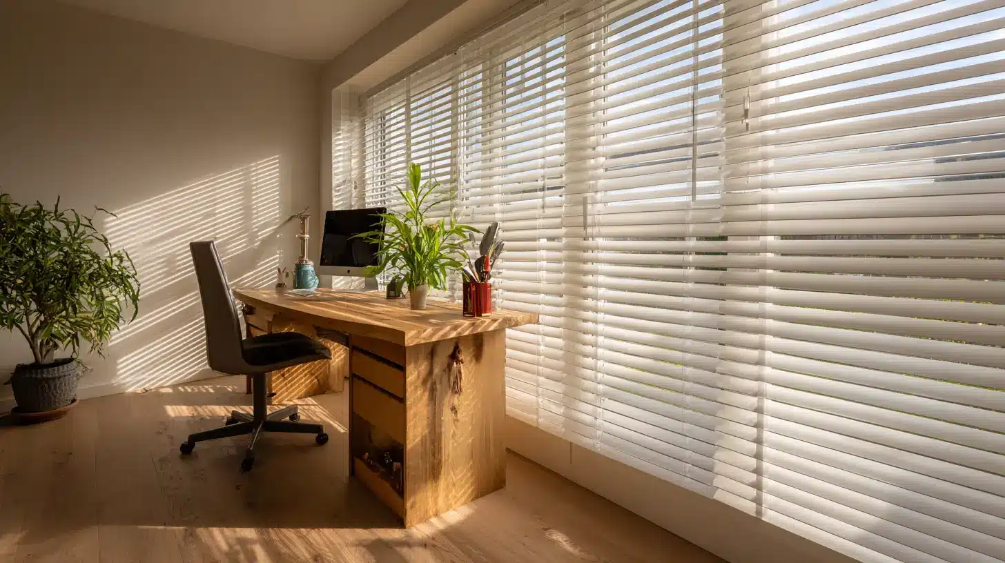 Home office with white horizontal blinds wooden desk office chair indoor plants and sunlight filtering through the windows