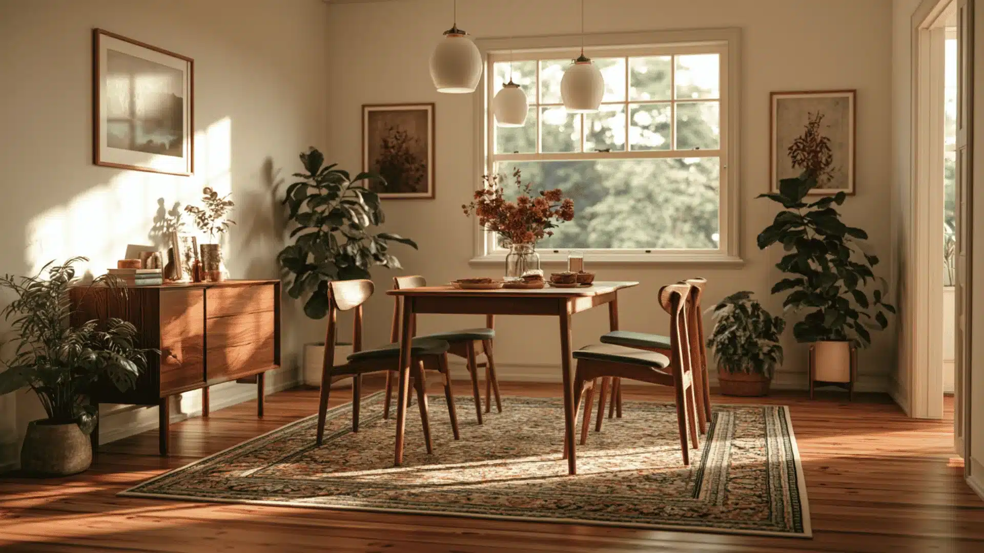5x7 rug beneath a four-seat dining table in a bright plant-filled room.