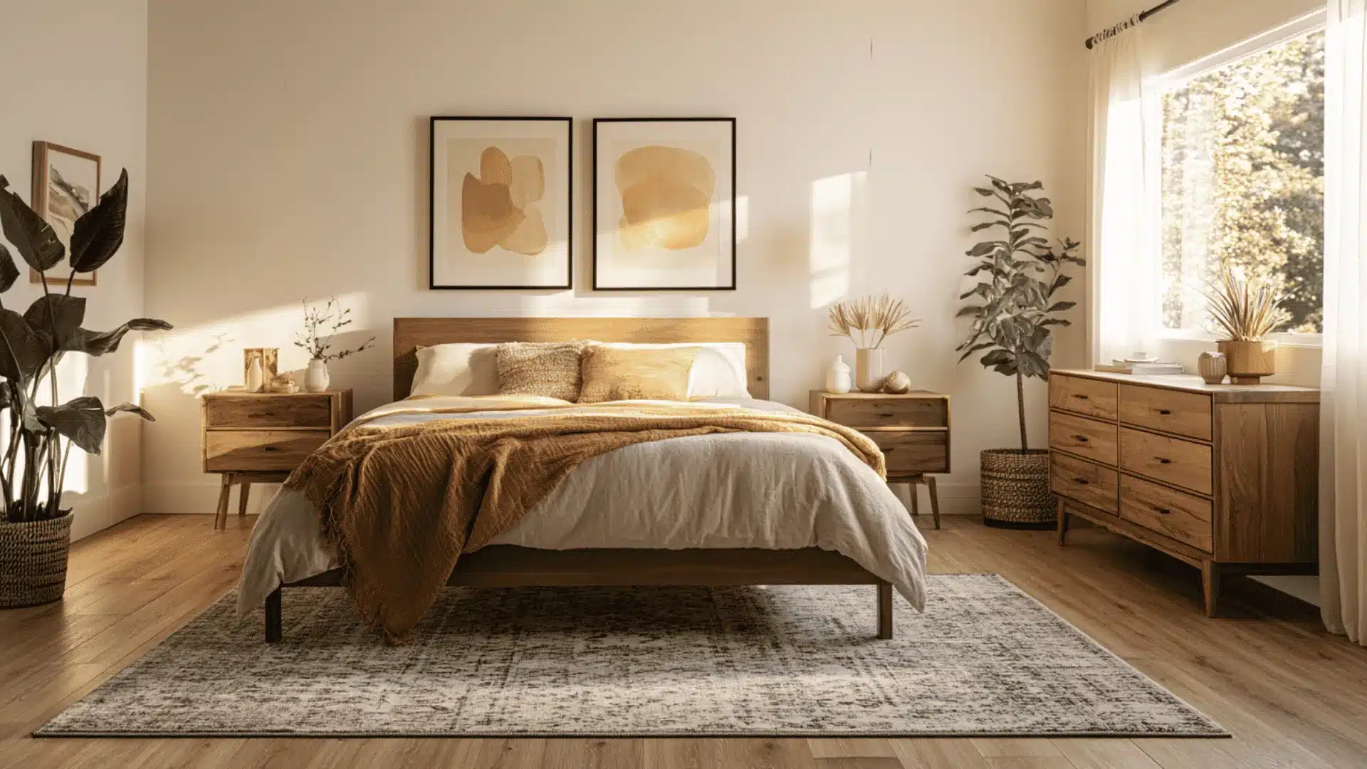 5x7 rug placed under the lower half of a bed in a bright modern bedroom.