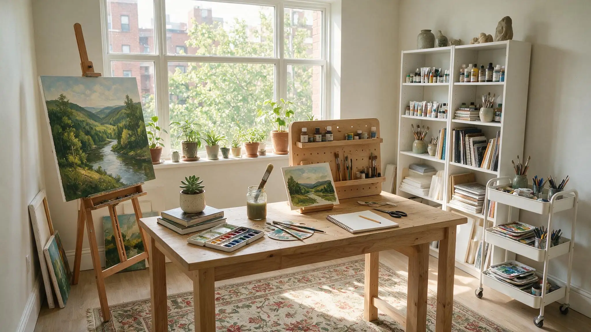 Bright, sunlit art studio with a wooden worktable, landscape paintings on easels, shelves filled with paints and brushes, potted plants, and organized art supplies.