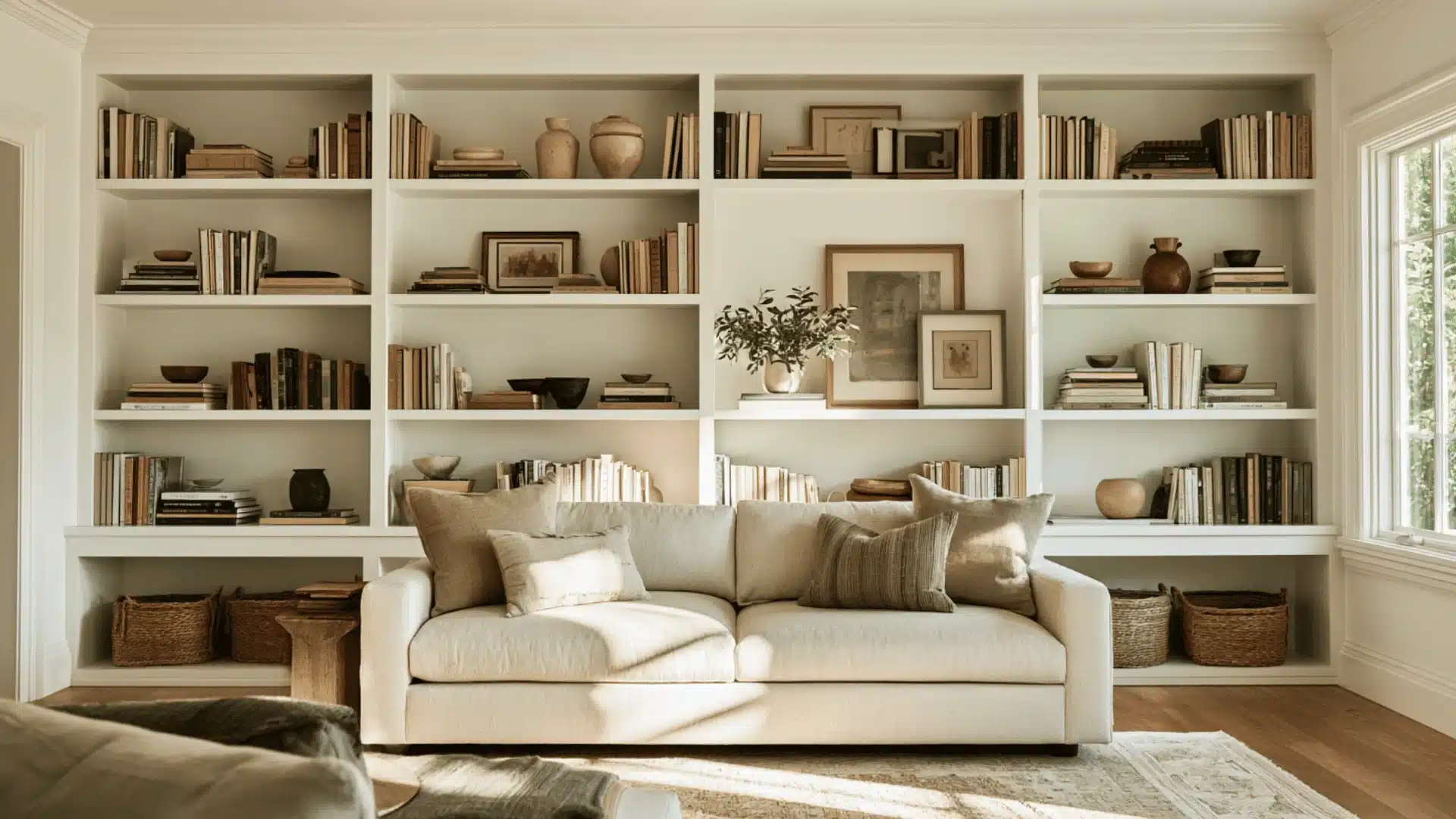 Neutral-toned living room with a large built-in bookshelf behind a sofa.
