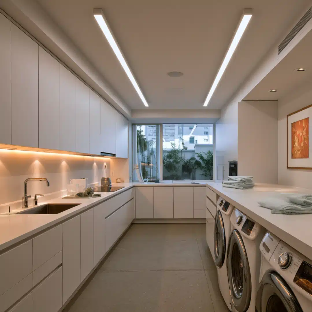 Modern laundry room with linear ceiling lights, white cabinets, and three machines.