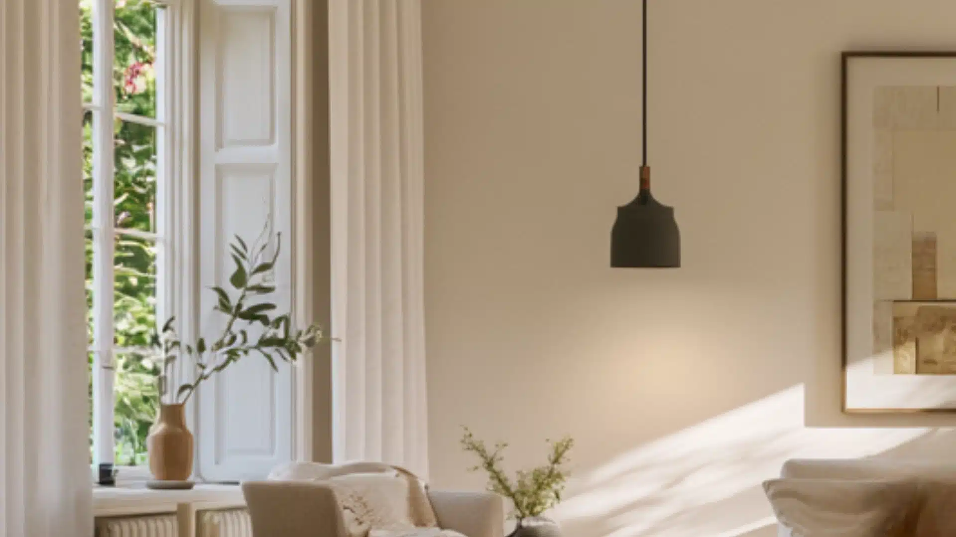 Bright living room with soft matte walls, large windows, neutral furniture, plants, and warm natural daylight.