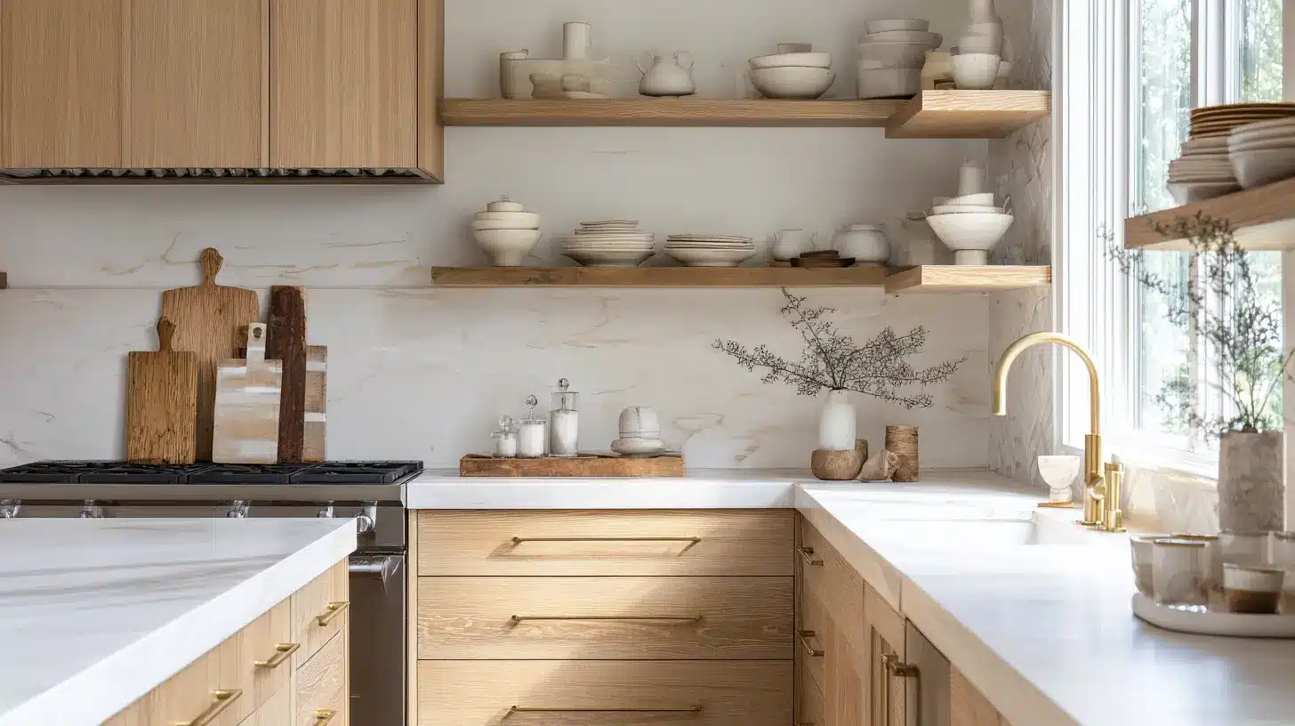 Organic modern kitchen with light wood cabinets open shelving white countertops and brass fixtures