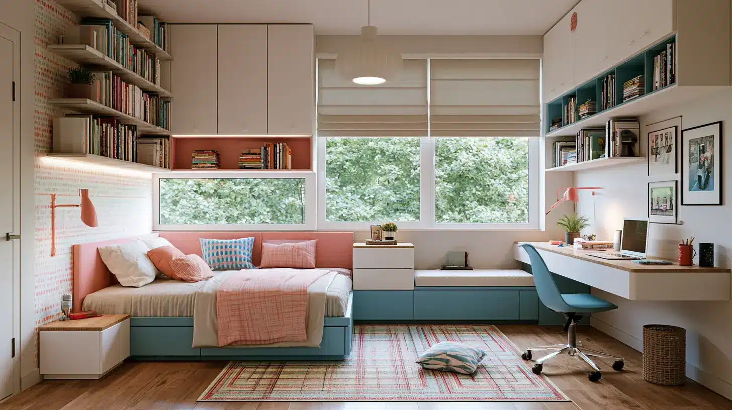 L-shape bedroom layout, with bed, window and chair arranged.
