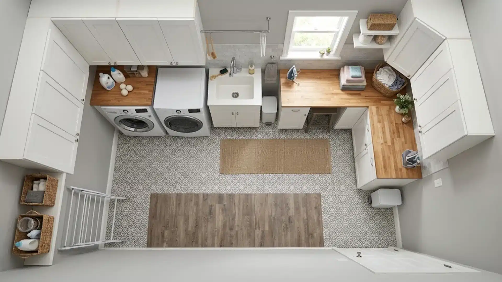 L-shaped laundry room with white cabinets, wood counters, sink, and appliances.