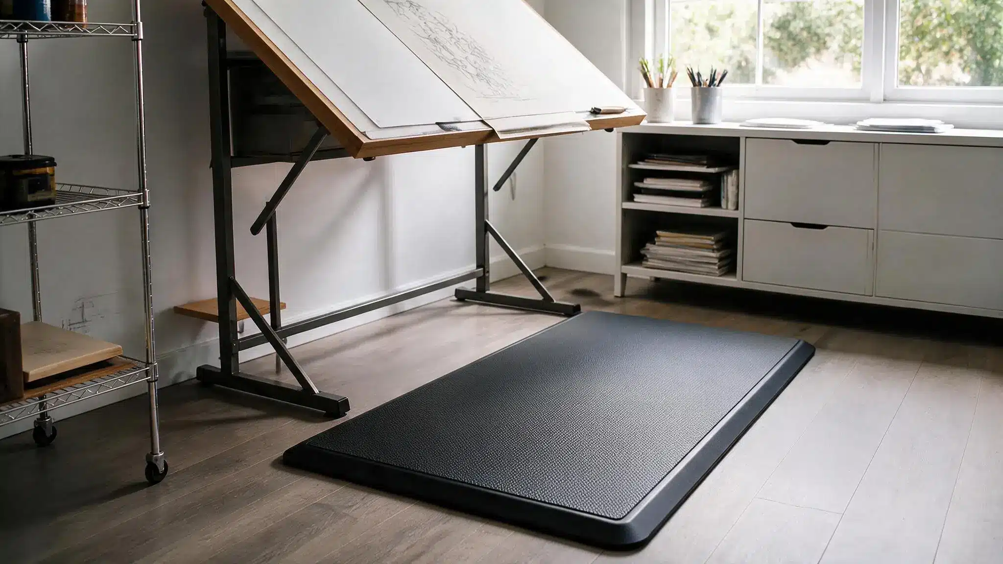 Large black anti-fatigue floor mat placed in front of an adjustable drafting table in a bright, organized art studio.