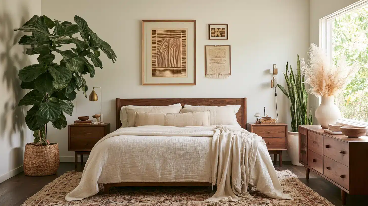 Modern <echighlighted><echighlighted>boho bedroom</echighlighted></echighlighted> with large indoor plants, cream bedding, wooden furniture, framed wall art, pampas grass, and a warm patterned rug.