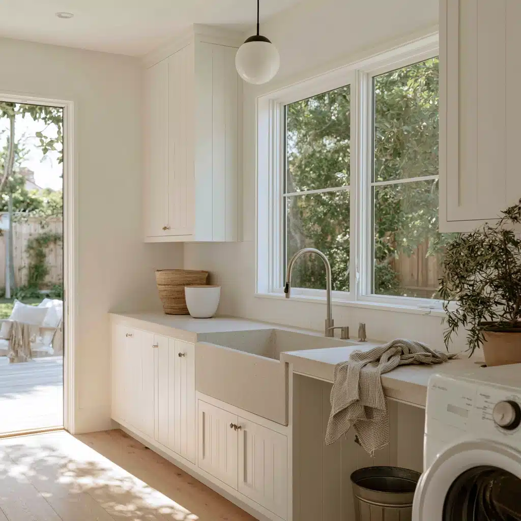 White laundry room with deep utility sink, tall faucet, and garden views.