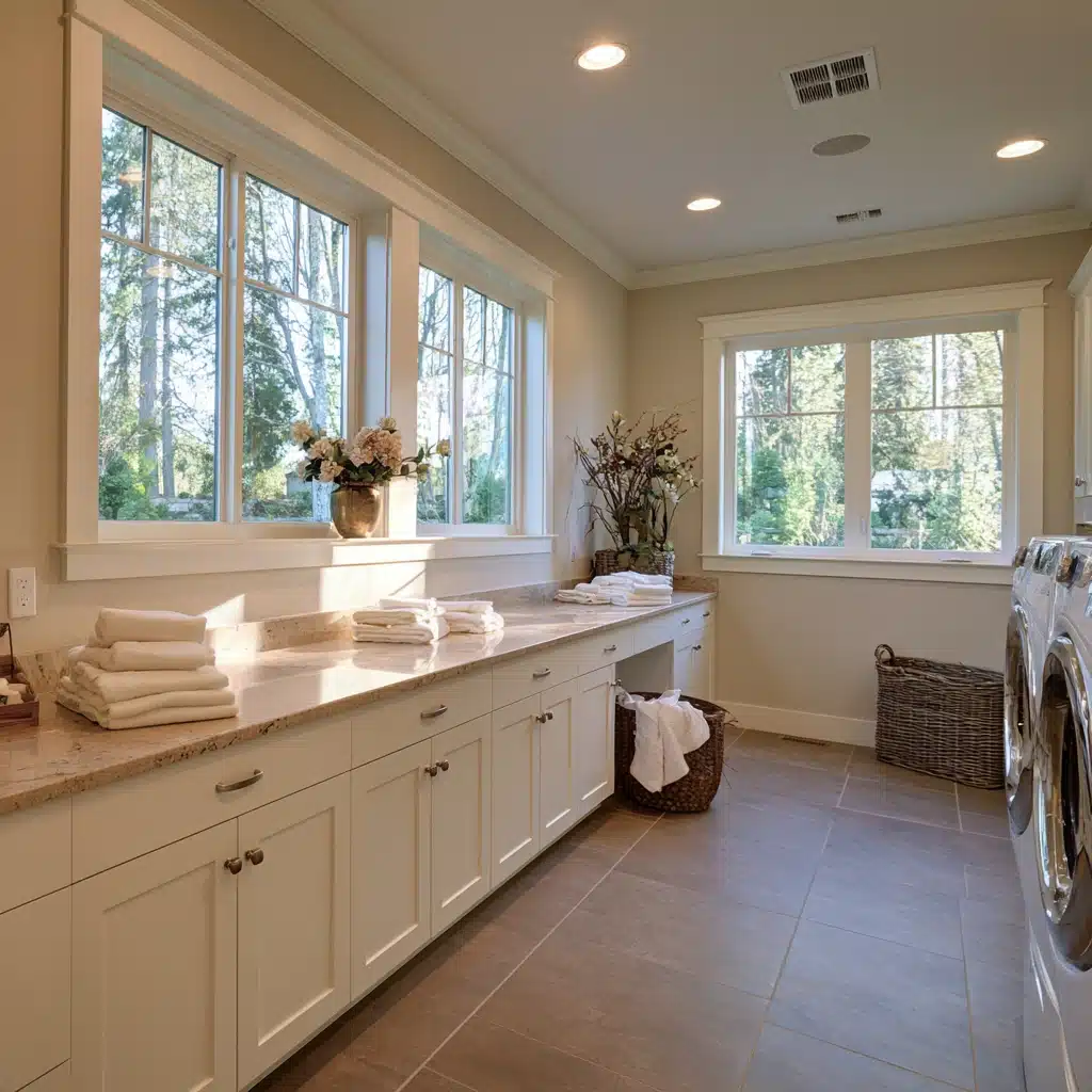 Long folding counter with stacked towels, storage cabinets, and laundry baskets.