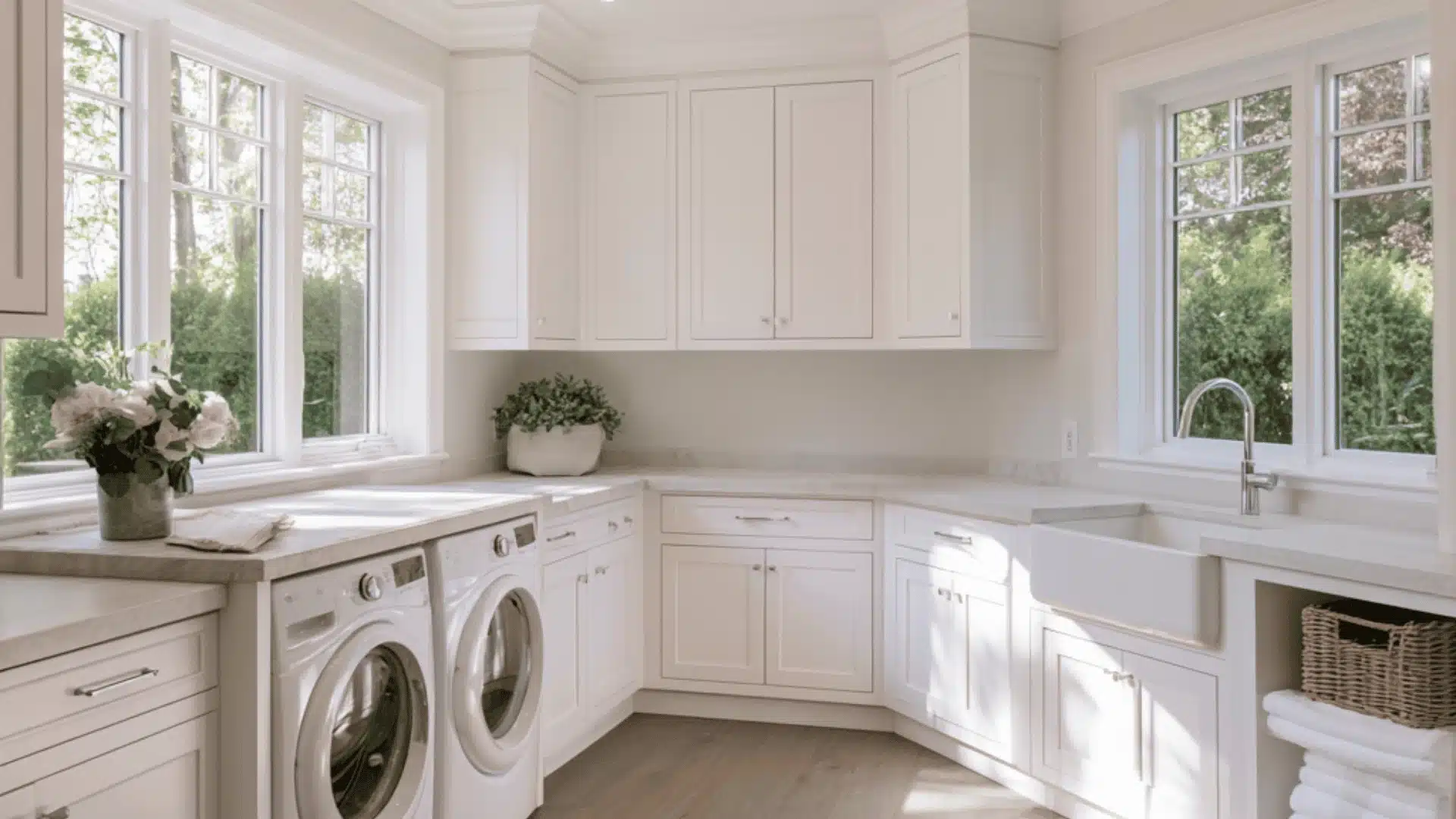 Bright modern laundry room with white cabinets, deep sink, and twin machines.