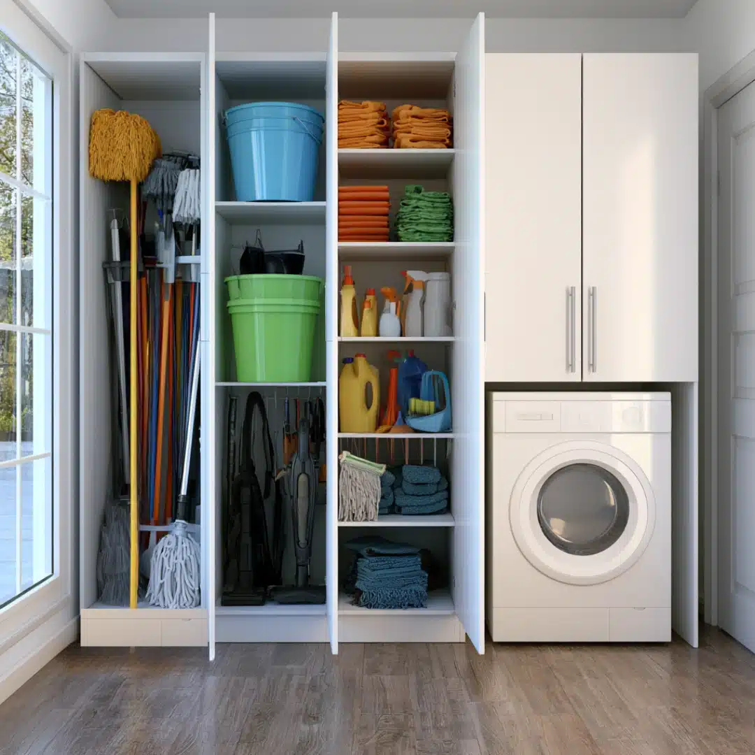 Tall cleaning cabinet with mops, buckets, towels, supplies, and a washer.