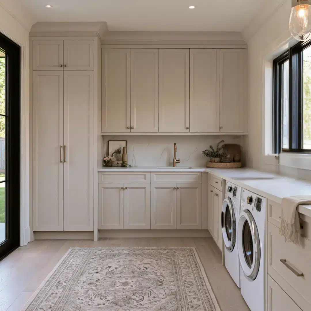 White paneled laundry room with tall cabinets, sink, rug, and twin machines.