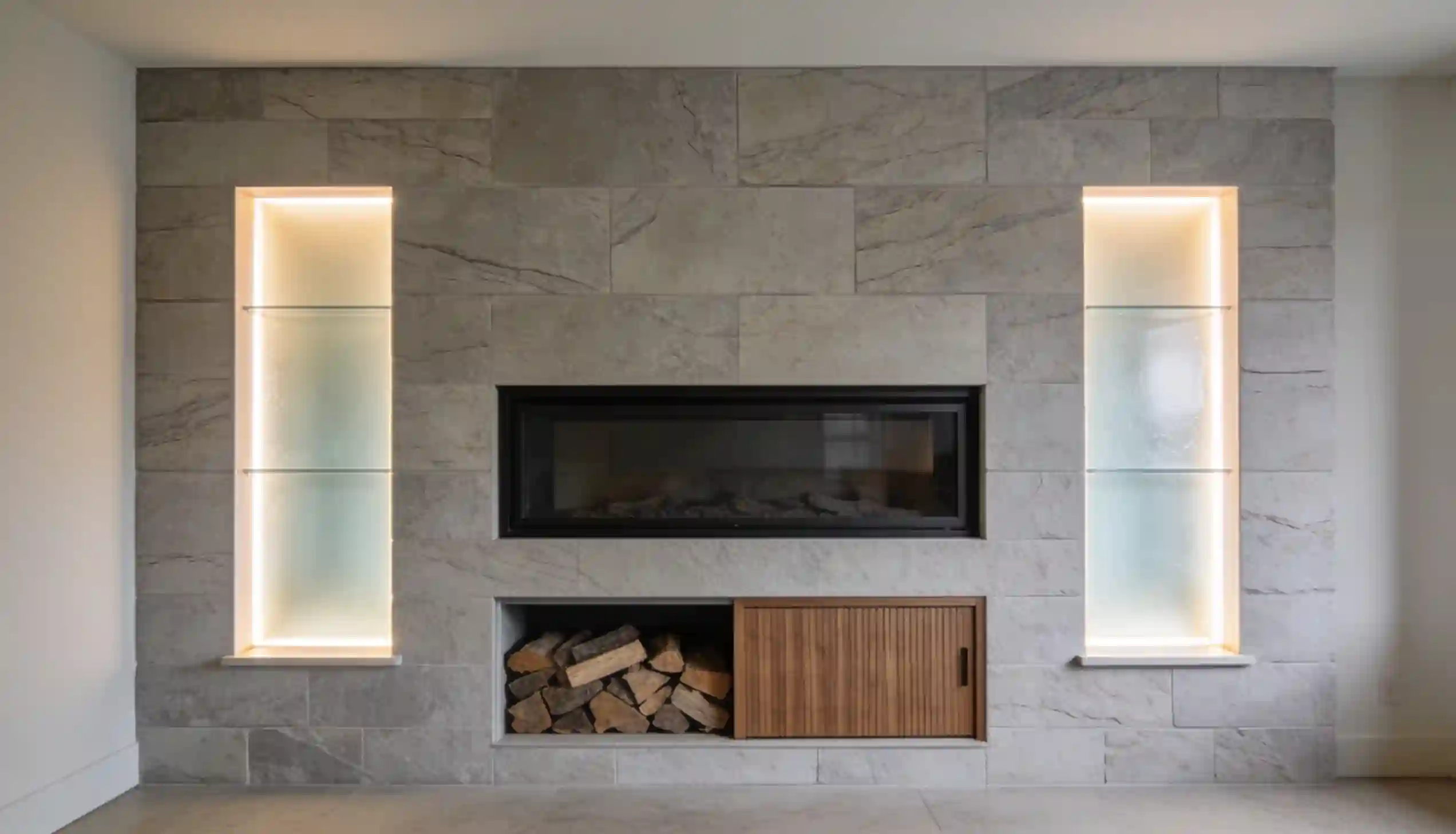 Modern fireplace with grey stone tile surround, illuminated recessed shelves, a linear gas fireplace, and a wood storage niche with a slatted cabinet.