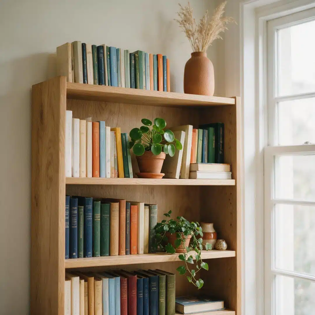 Light wood bookshelf next to a window filled with books and potted plants.