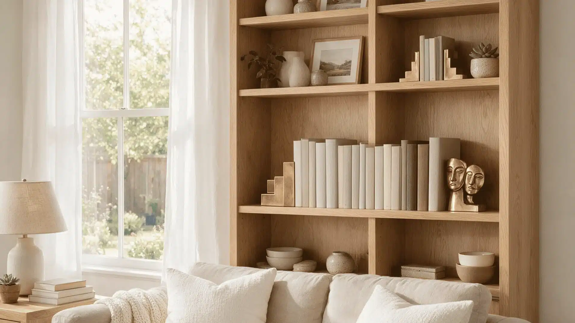 Light wood bookshelf styled with neutral books, gold bookends, and ceramics.
