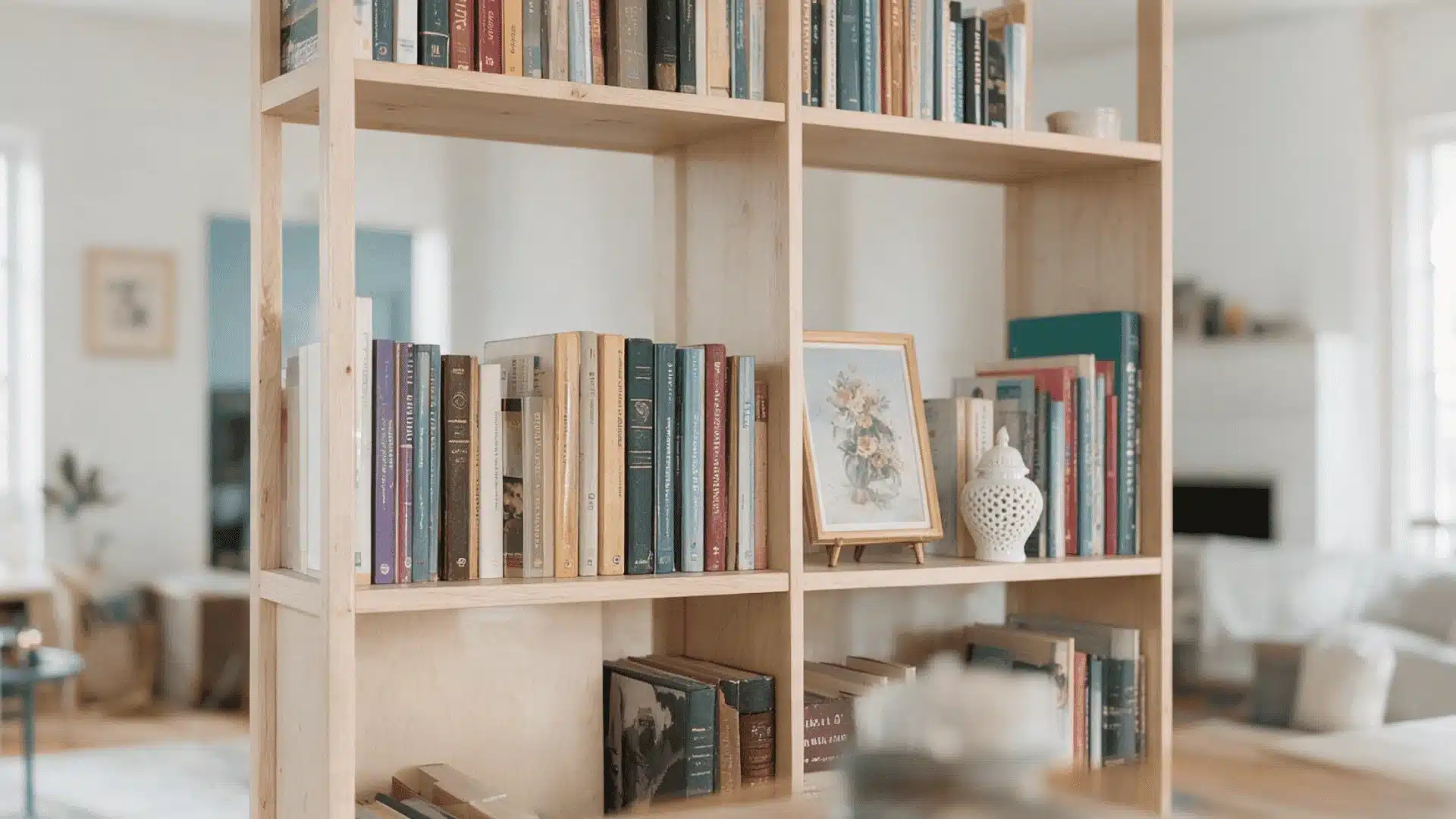 Light wood open bookshelf standing as a room divider in a living room.