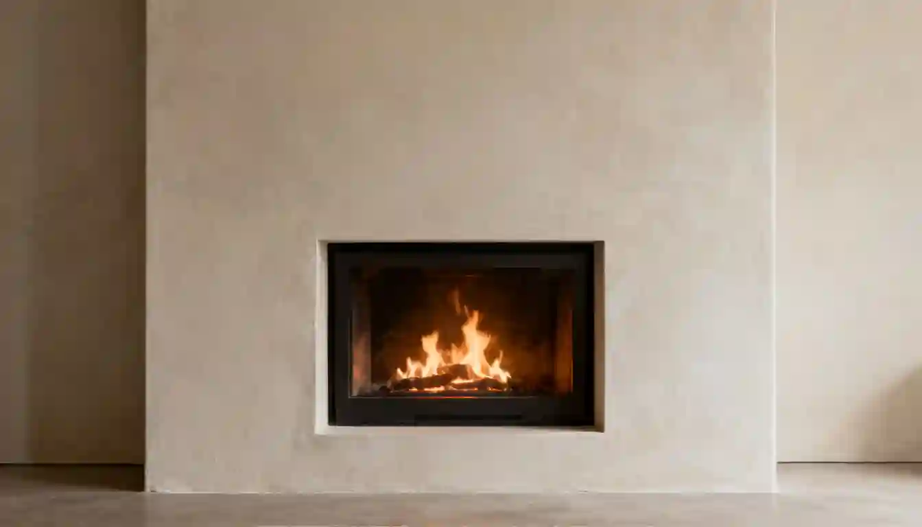 Modern minimalist fireplace with a black metal insert and a warm, flickering fire set into a textured off-white wall.