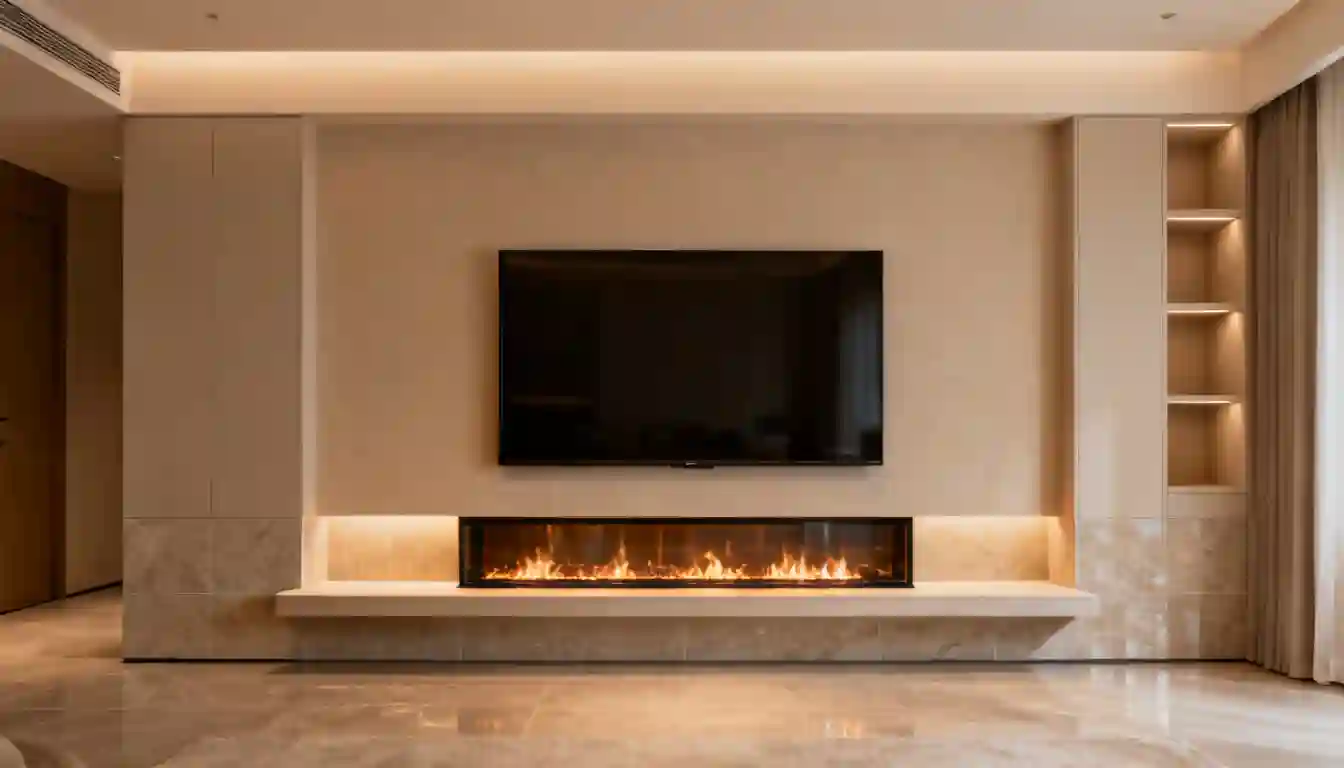 Modern living room with a wall-mounted television above a long, linear fireplace and integrated shelving.