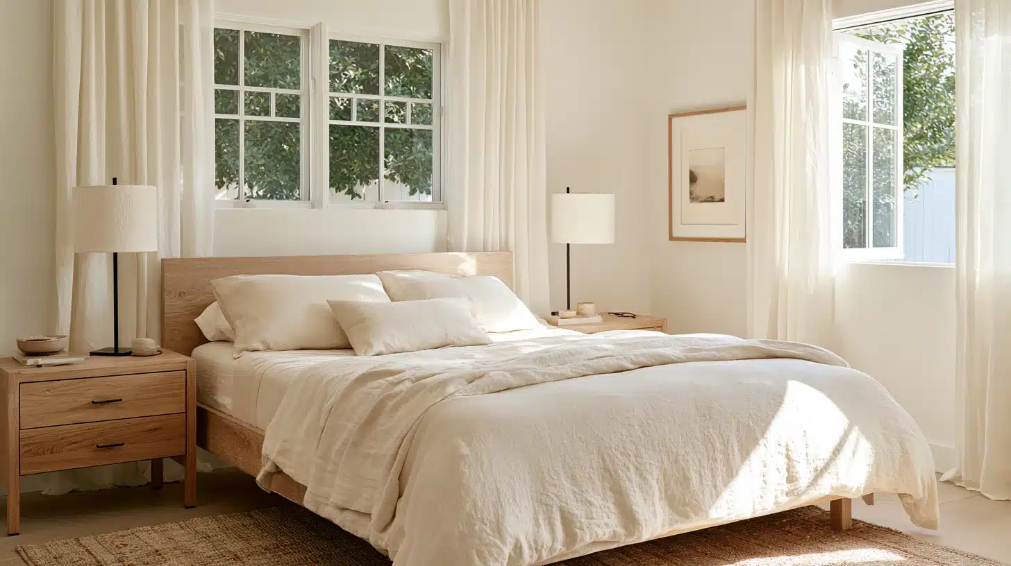Airy <echighlighted><echighlighted>boho bedroom</echighlighted></echighlighted> with a light wooden bed, cream linen bedding, sheer curtains, simple nightstands, black lamps, and soft natural sunlight.