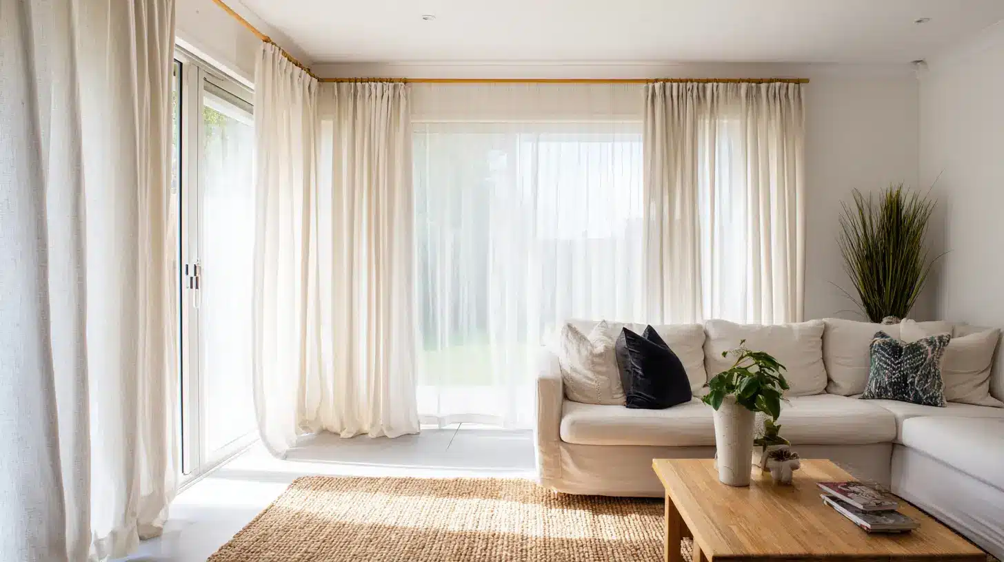 Living room with sheer white curtains white sectional sofa wooden coffee table woven rug and bright natural light