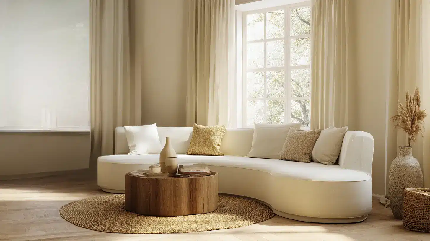 Organic modern living room with a curved white sofa round wood coffee table neutral decor and soft natural light