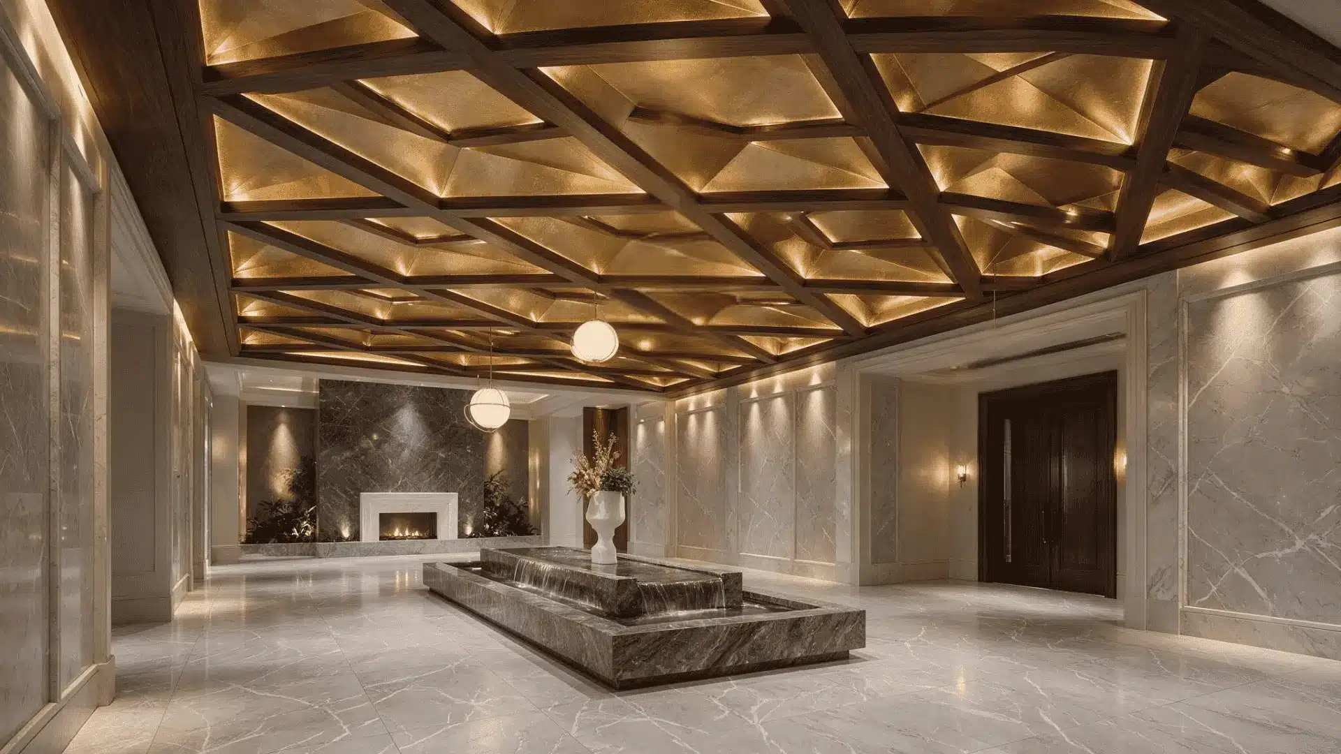 Luxury hallway with geometric coffered ceiling, dark beams, and gold lighting