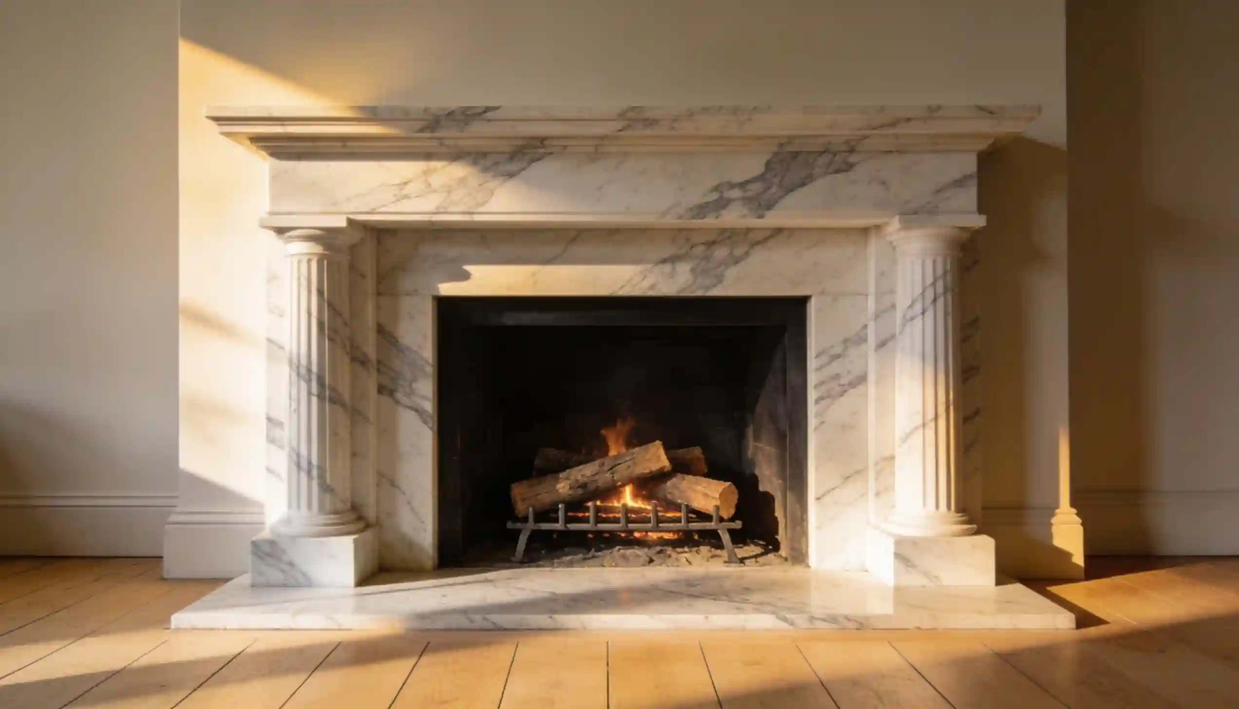 A marble fireplace with burning logs on a grate, illuminated by sunlight.